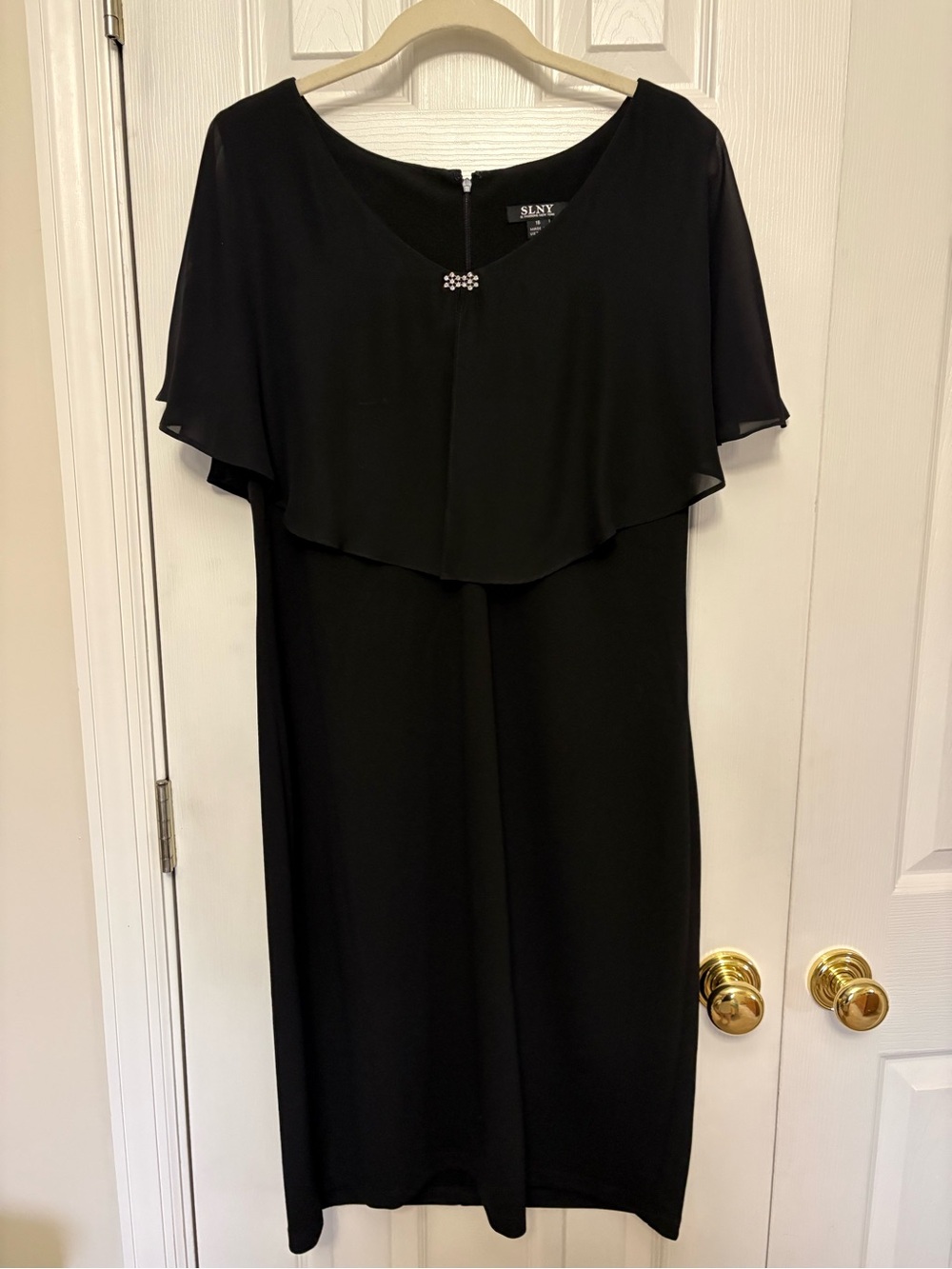 SLNY Black Midi Dress with Capelet and Rhinestone Accent